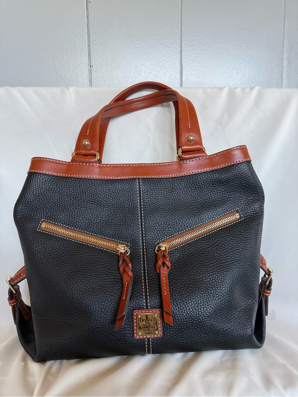 Dooney & Bourke Black Pebbled Leather Tote with Brown Trim